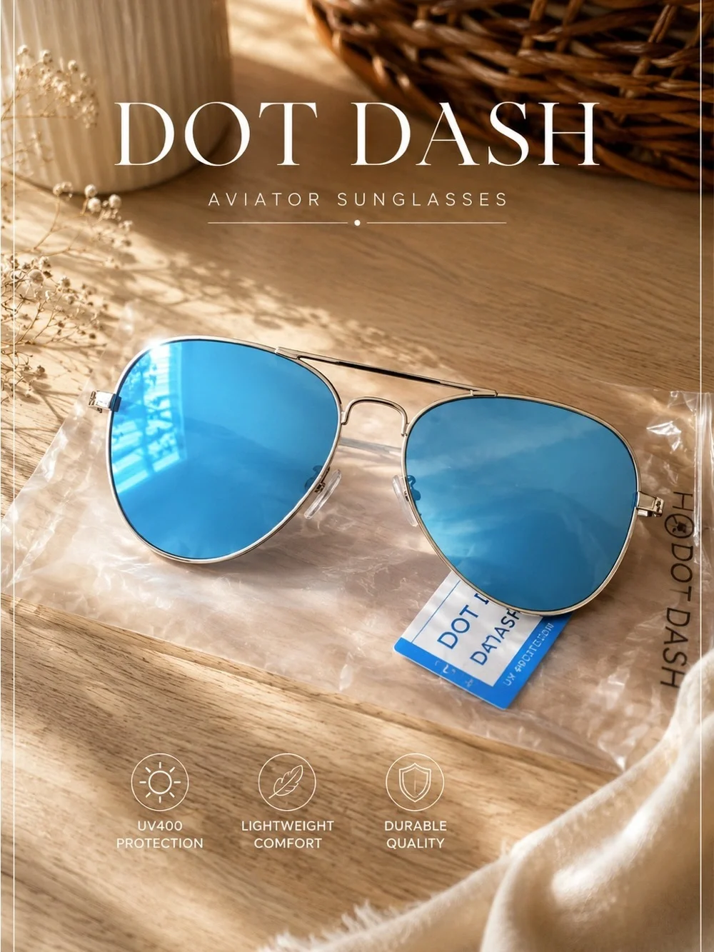 Dot Dash Blue Mirror Aviator Sunglasses UV400 Gold Frame NWT
